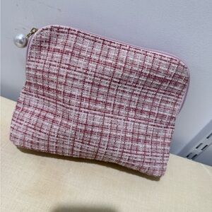Pink Tweed Cosmetic Pouch with Pearl Zip Pull
